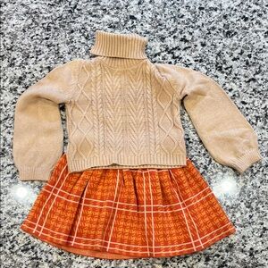 Beige Cable Knit Sweater with Orange Plaid Skirt